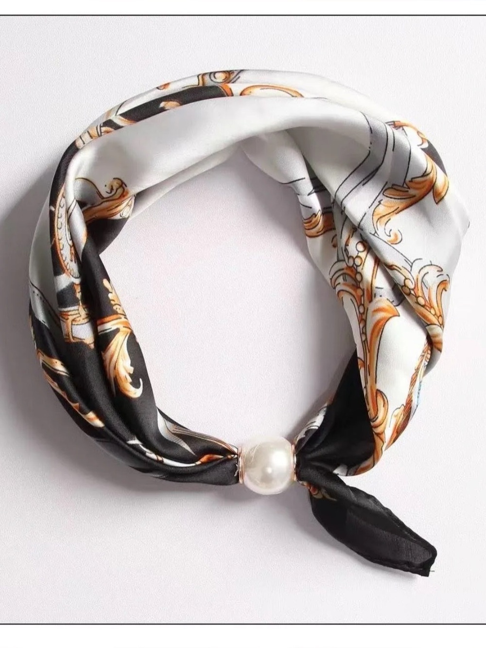 Elegant Black & White Scarf Necklace with Gold Accents and Pearl